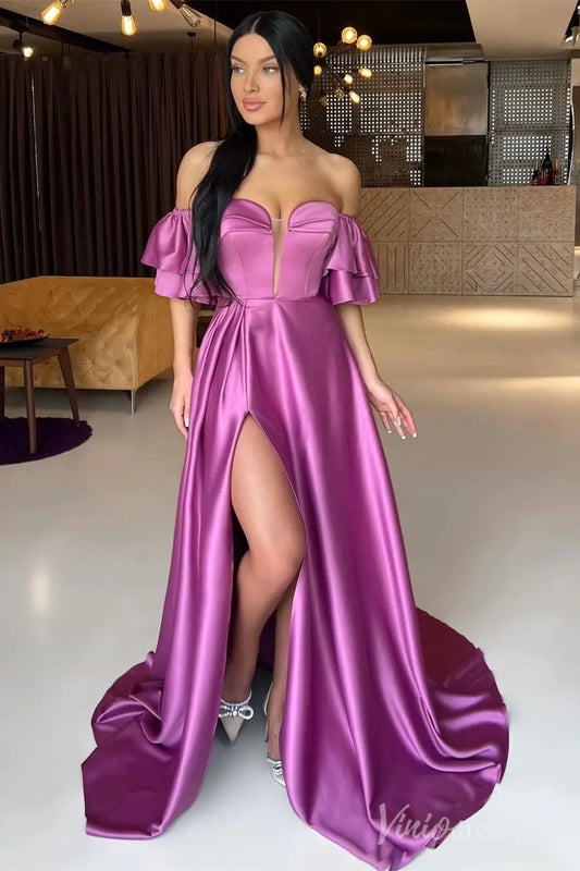Purple Satin Prom Dress with Off-Shoulder Sleeves, Plunging Neckline, and High Slit Skirt – AS014-prom dresses 2025 -Viniodress-Purple-Custom Size-