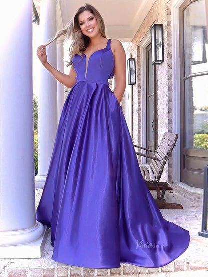 Purple Satin Prom Dresses 2025 Plunging V-Neck Formal Dresses with Pockets - FD2584-prom dresses 2025 -Viniodress-Purple-Custom Size-