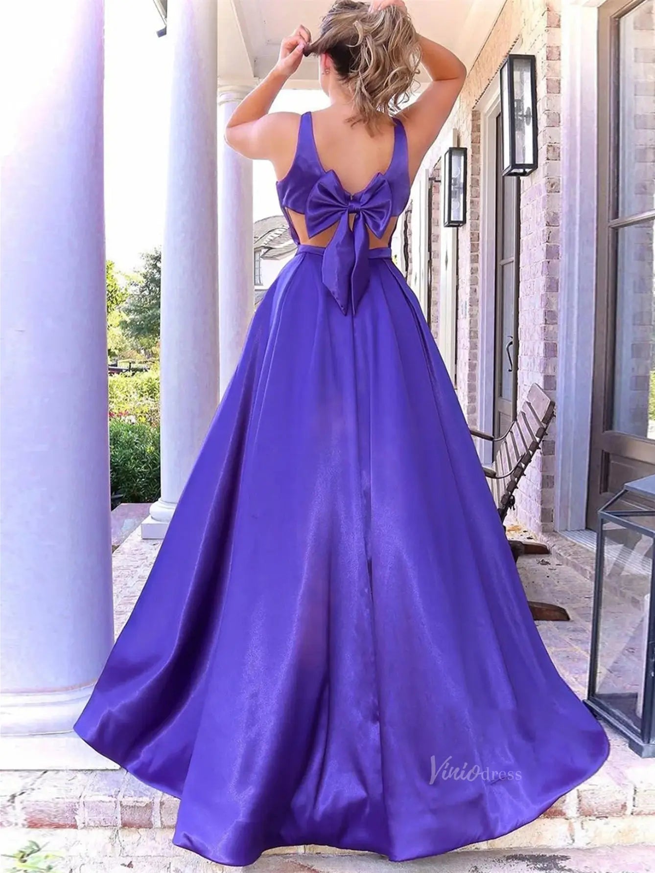 Purple Satin Prom Dresses 2025 Plunging V - Neck Formal Dresses with Pockets - FD2584 - Viniodressprom dressesPurpleCustom Size - Formal Dresses - Ball Gowns