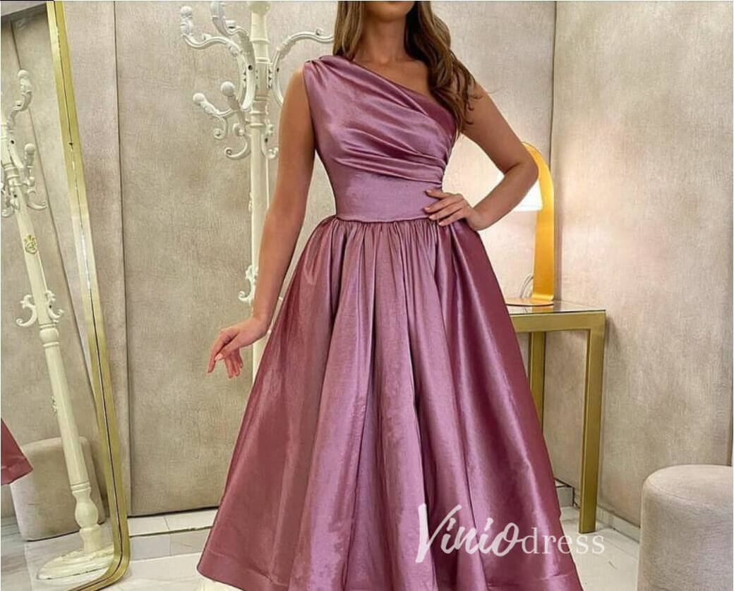 Purple Satin Prom Dresses Tea-Length One Shoulder Formal Dress FD3402-prom dresses 2025 -Viniodress-Dusty Rose-Custom Size-