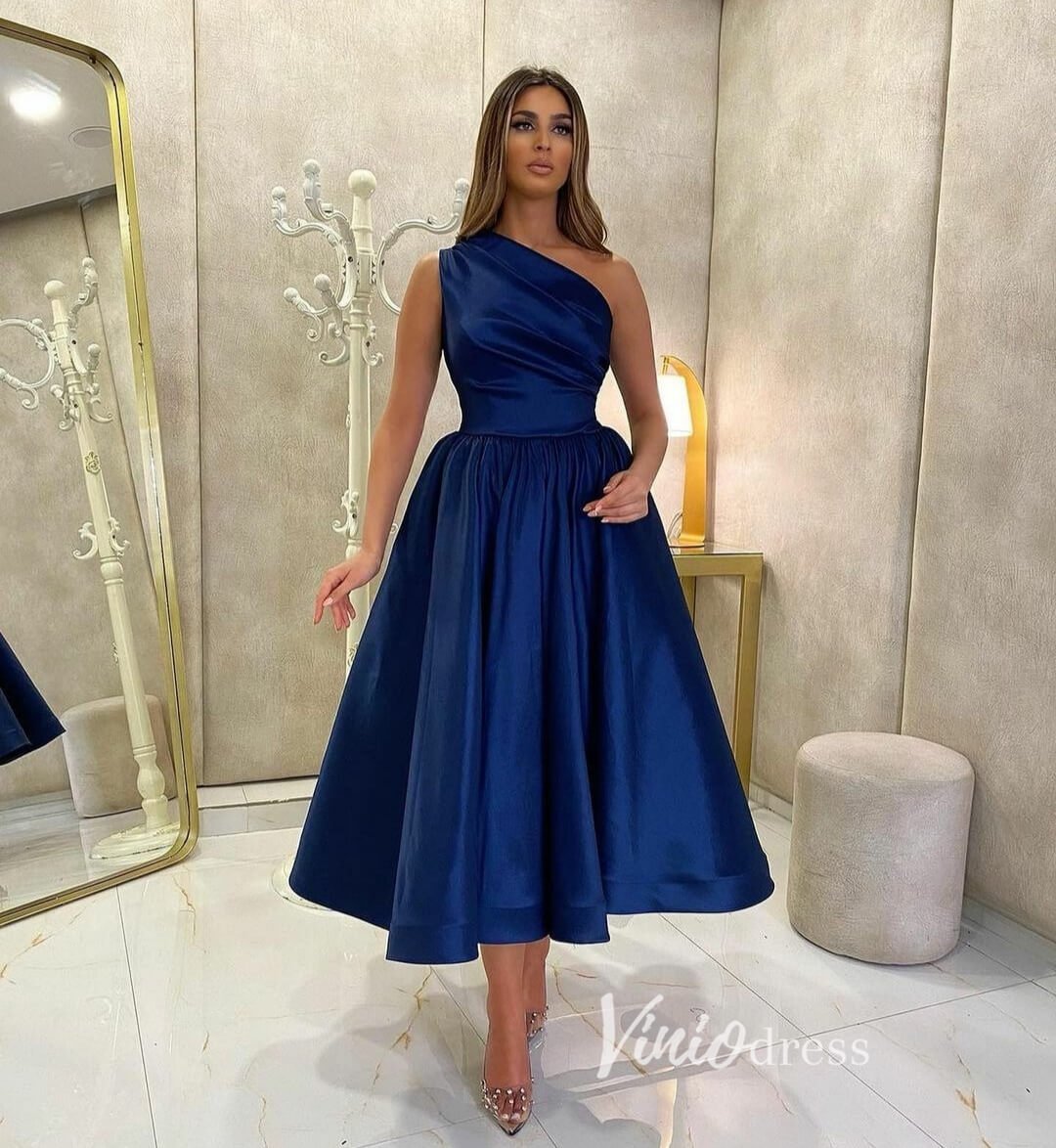 Purple Satin Prom Dresses Tea-Length One Shoulder Formal Dress FD3402-prom dresses 2025 -Viniodress-Navy Blue-Custom Size-
