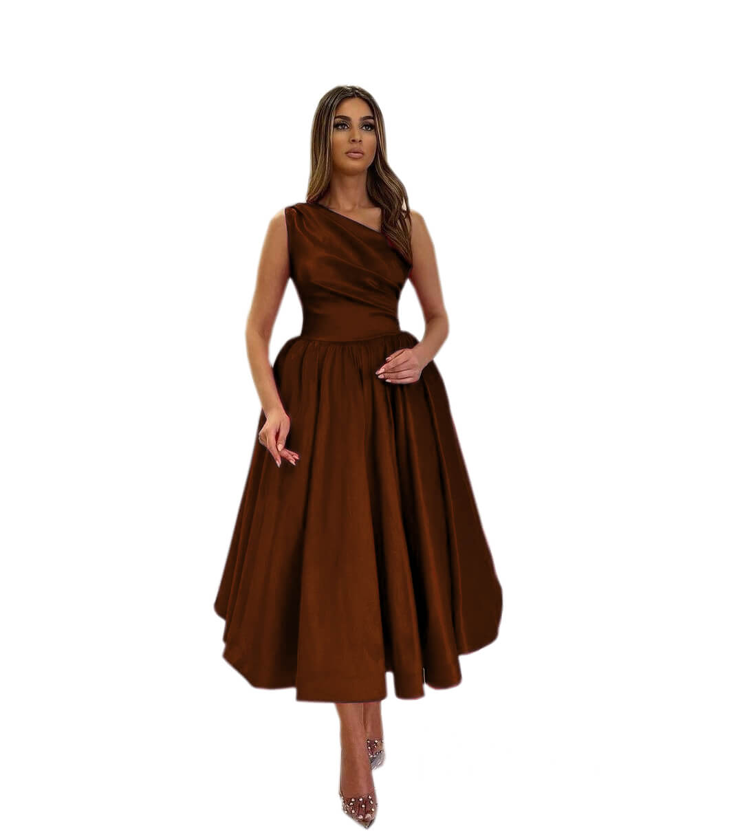 Purple Satin Prom Dresses Tea-Length One Shoulder Formal Dress FD3402-prom dresses 2025 -Viniodress-Purple-Custom Size-