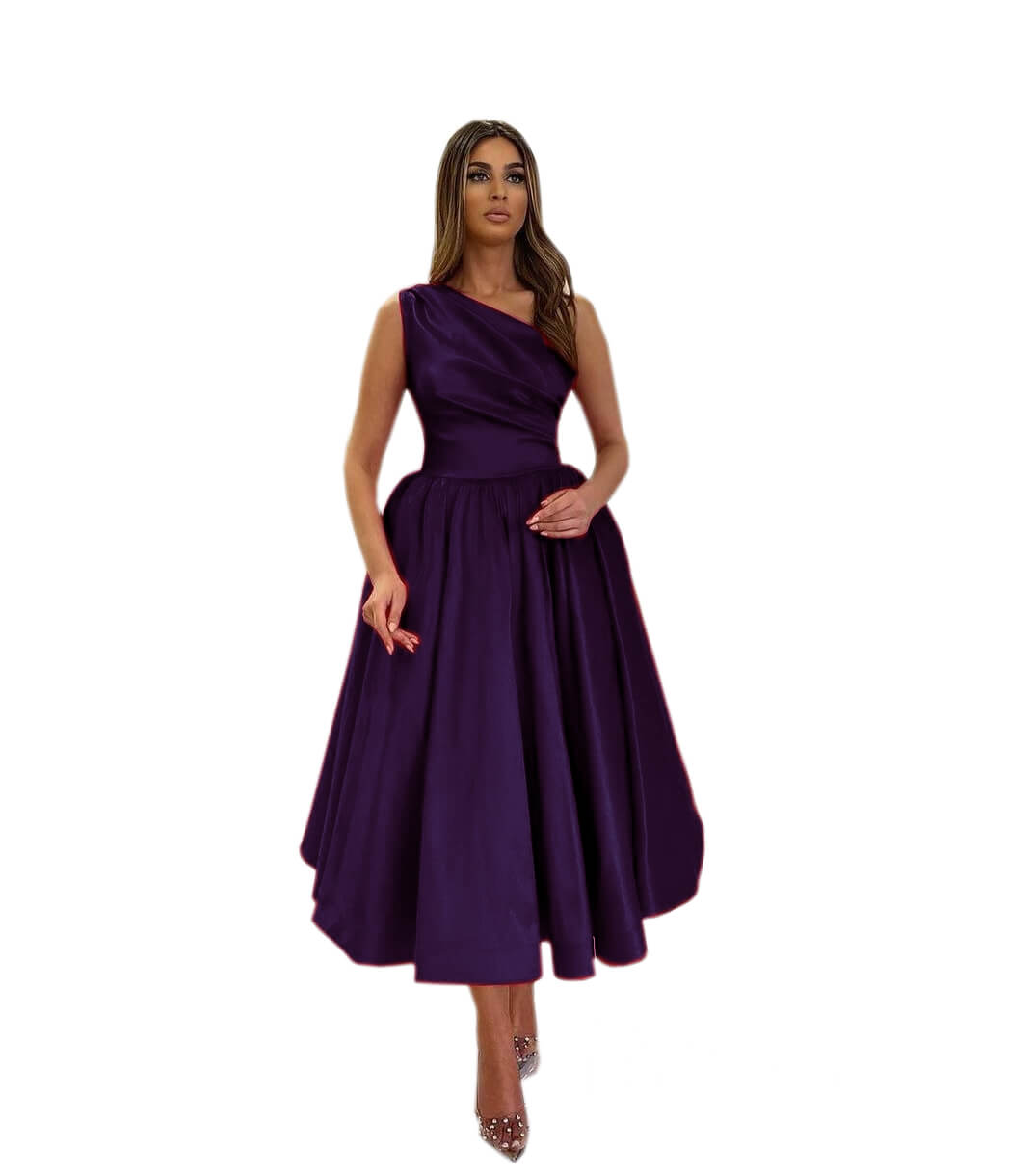 Purple Satin Prom Dresses Tea-Length One Shoulder Formal Dress FD3402-prom dresses 2025 -Viniodress-Purple-Custom Size-