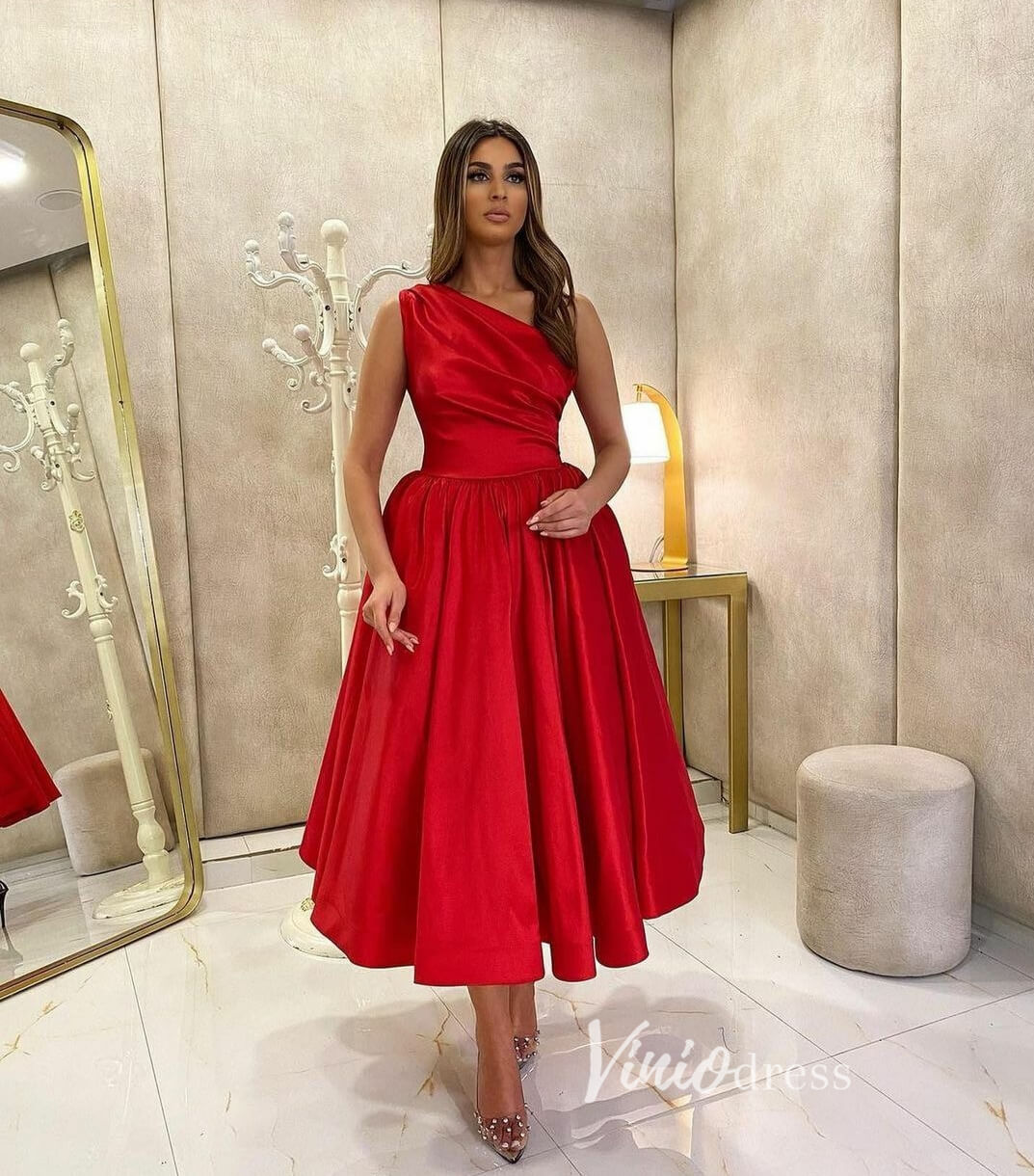 Prom Dress 2025 Purple Satin Prom Dresses Tea-Length One Shoulder Formal Dress FD3402-unique prom dresses-Red-Custom Size-Viniodress