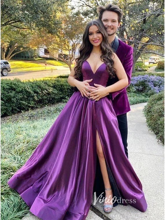Purple Satin Prom Dresses with Slit Spaghetti Strap Evening Gown FD3383-prom dresses 2025 -Viniodress-Purple-Custom Size-