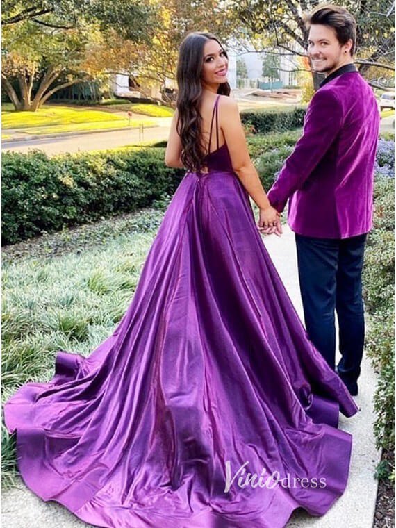 Purple Satin Prom Dresses with Slit Spaghetti Strap Evening Gown FD3383-prom dresses 2025 -Viniodress-Purple-Custom Size-