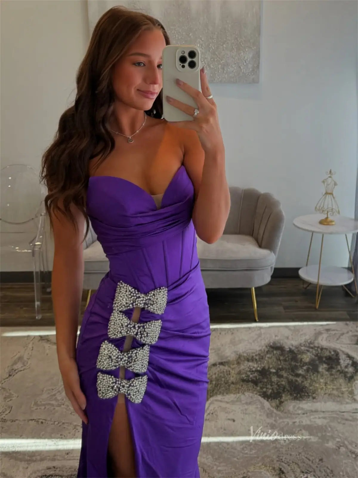 Purple Satin Sheath Prom Dresses with Slit, Beaded Bow & Sweetheart Neckline - FD6013-prom dresses 2025 -Viniodress-Purple-Custom Size-