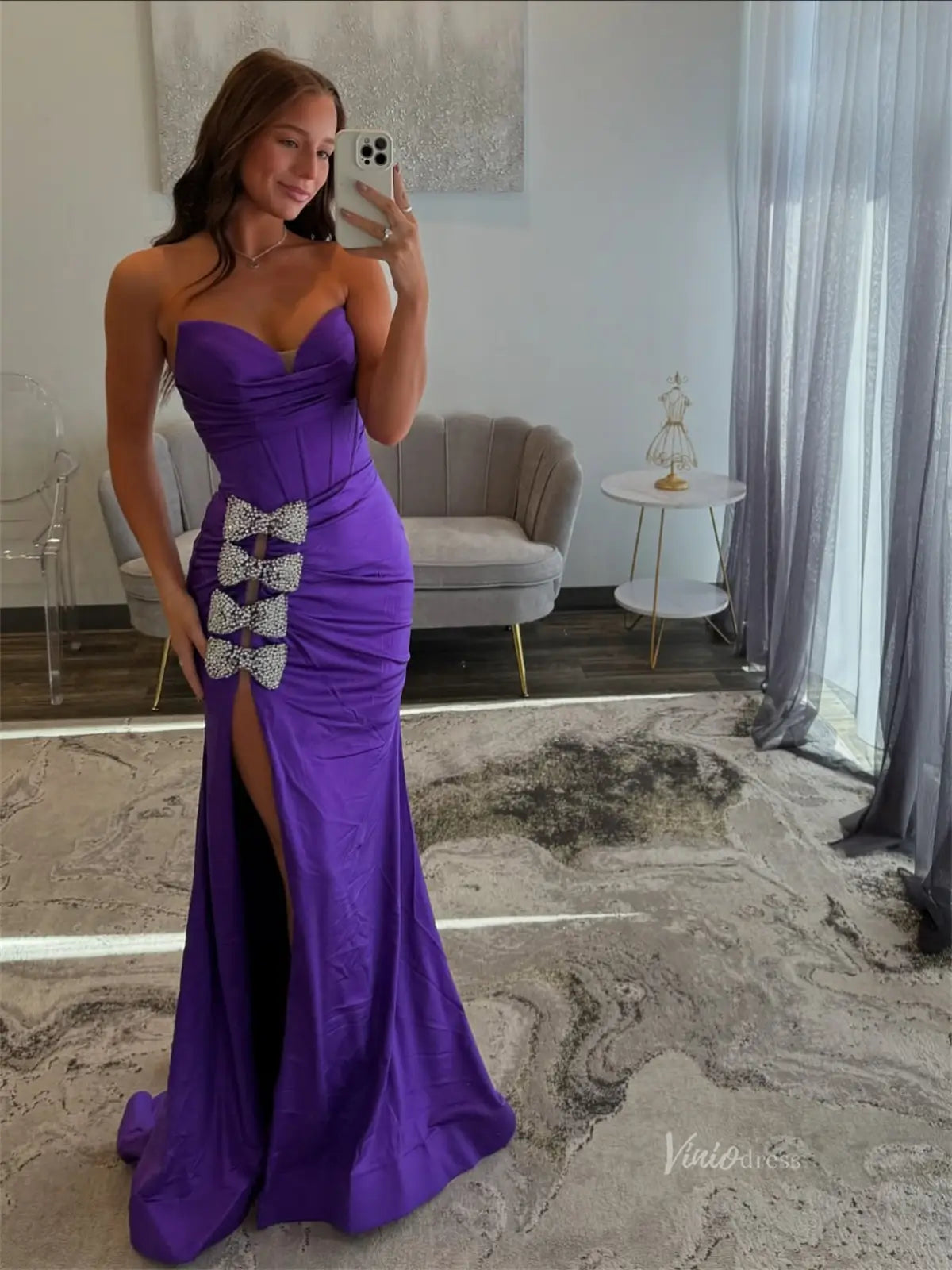 Purple Satin Sheath Prom Dresses with Slit, Beaded Bow & Sweetheart Neckline - FD6013-prom dresses 2025 -Viniodress-Purple-Custom Size-