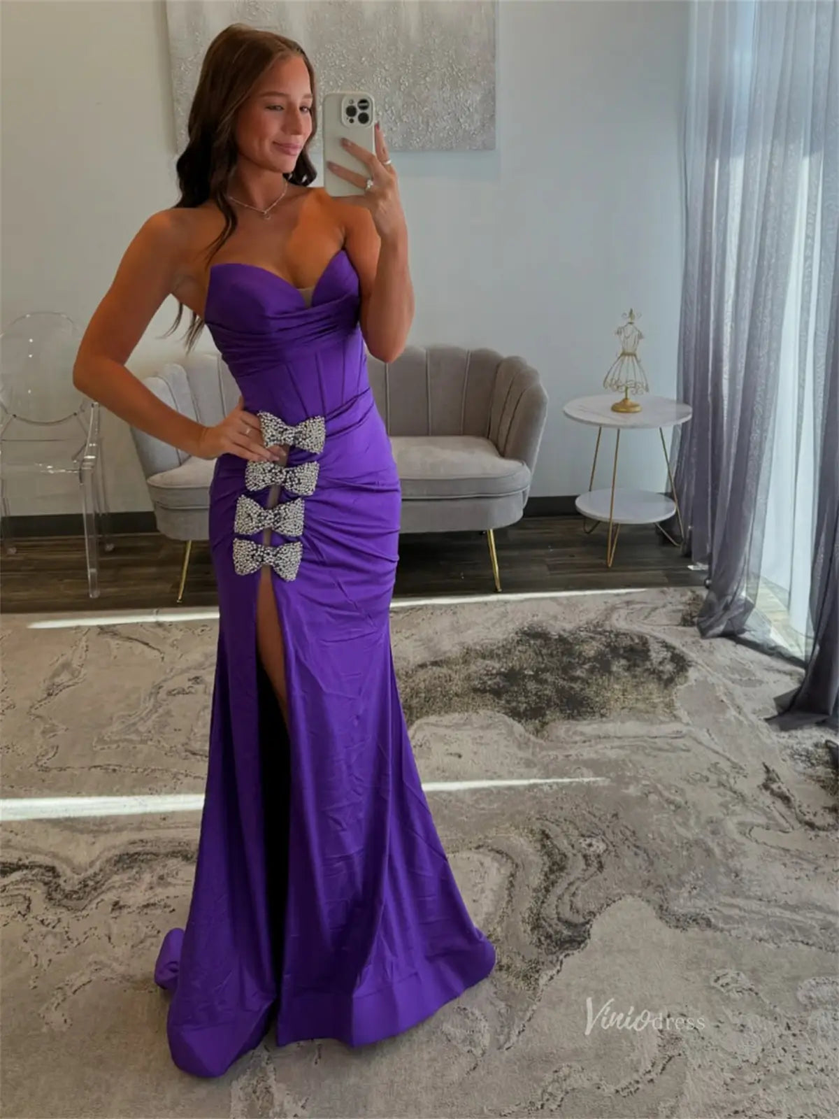 Purple Satin Sheath Prom Dresses with Slit, Beaded Bow & Sweetheart Neckline - FD6013-prom dresses 2025 -Viniodress-Purple-Custom Size-