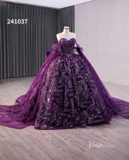 Purple Sequin Lace Wedding Dresses Off the Shoulder Quinceanera Dress 241037-Quinceanera Dresses 2025 -Viniodress-Purple-Custom Size-