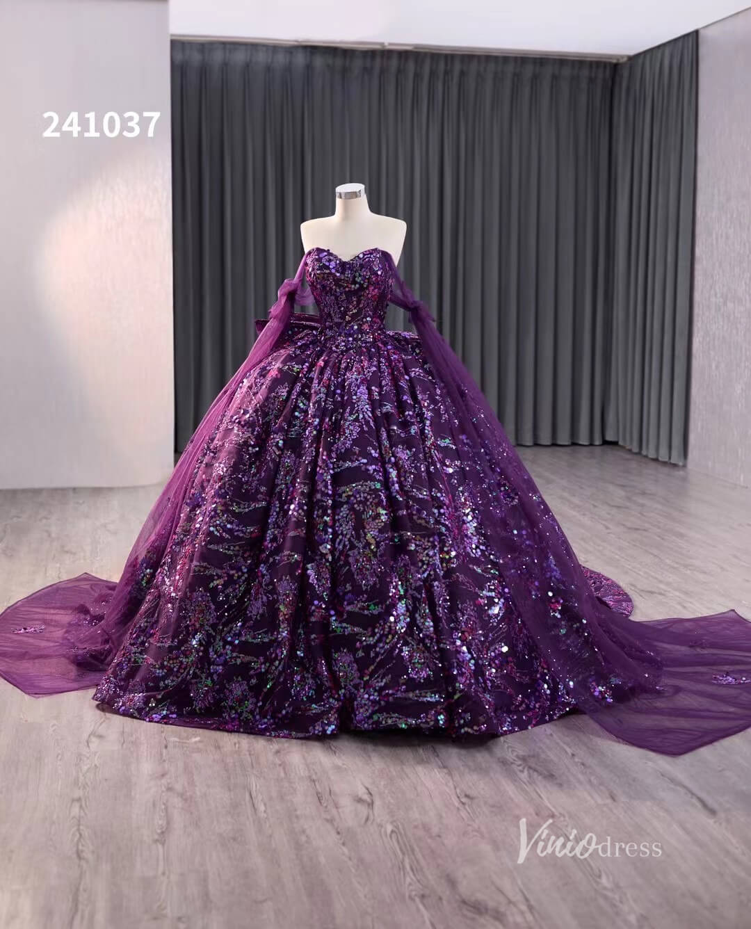 Purple Sequin Lace Wedding Dresses Off the Shoulder Quinceanera Dress 241037-Quinceanera Dresses 2025 -Viniodress-Purple-Custom Size-