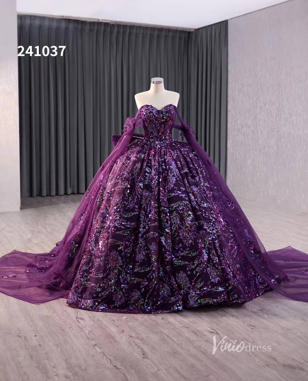 Purple Sequin Lace Wedding Dresses Off the Shoulder Quinceanera Dress 241037-Quinceanera Dresses 2025 -Viniodress-Purple-Custom Size-