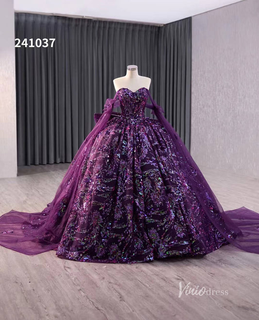 Purple Sequin Lace Wedding Dresses Off the Shoulder Quinceanera Dress 241037 - ViniodressQuinceanera DressesPurpleCustom Size - Formal Dresses - Ball Gowns