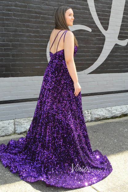 Purple Sequin Prom Dress with Slit One Shoulder Formal Dresses FD2973-prom dresses 2025 -Viniodress-Purple-Custom Size-