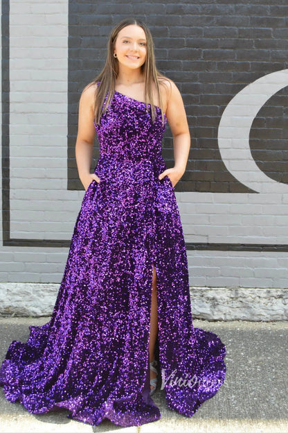 Purple Sequin Prom Dress with Slit One Shoulder Formal Dresses FD2973-prom dresses 2025 -Viniodress-Purple-Custom Size-