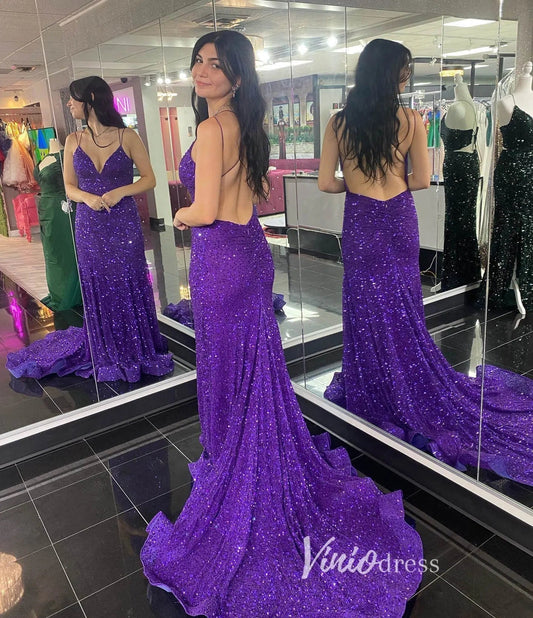Purple Sequin Prom Dresses Mermaid Spaghetti Strap Evening Dress FD3385-prom dresses 2025 -Viniodress-Purple-Custom Size-