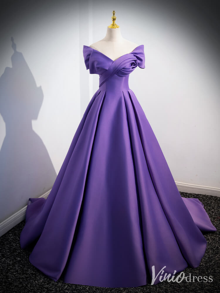 Purple Smooth Satin Cheap Prom Dresses Off the Shoulder Formal Gown 90066-prom dresses-Viniodress-Purple-Custom Size-Viniodress