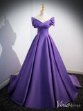 Purple Smooth Satin Cheap Prom Dresses Off the Shoulder Formal Gown 90066