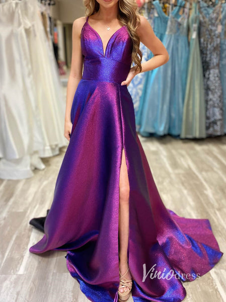 Purple Sparkly Satin Prom Dresses With Slit Spaghetti Strap Evening Dr –  Viniodress