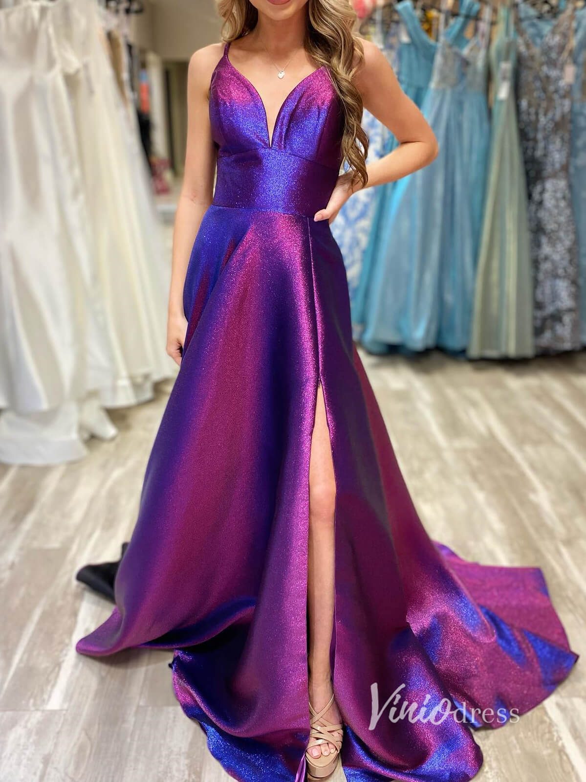 Prom Dress 2025 Purple Sparkly Satin Prom Dresses With Slit Spaghetti Strap Evening Dress FD2931-unique prom dresses-Purple-Custom Size-Viniodress