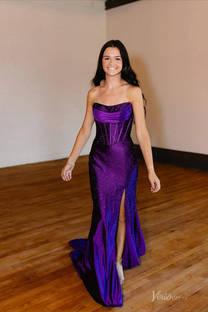 Purple Sparkly Strapless Mermaid Prom Dress with Structured Bodice, High Slit & Sweep Train – SS154-prom dresses 2026-Viniodress-Purple-Custom Size-