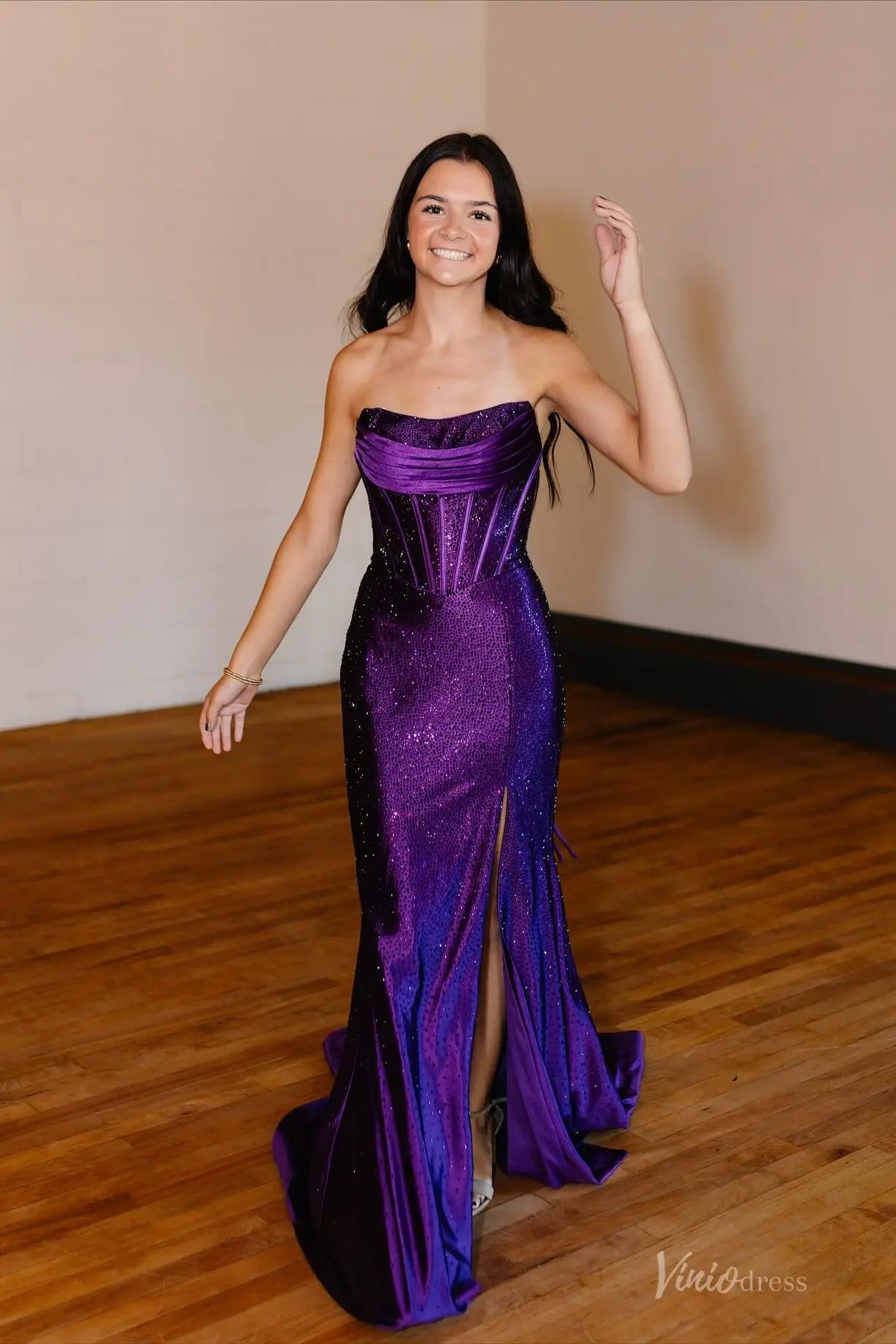 Purple Sparkly Strapless Mermaid Prom Dress with Structured Bodice, High Slit & Sweep Train – SS154-prom dresses 2026-Viniodress-Purple-Custom Size-