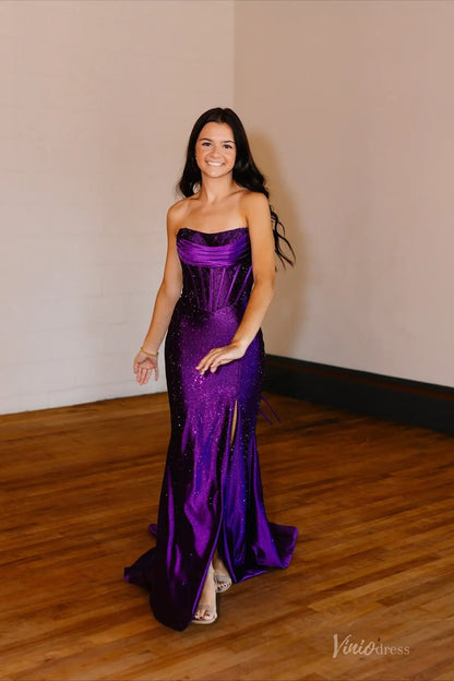 Purple Sparkly Strapless Mermaid Prom Dress with Structured Bodice, High Slit & Sweep Train – SS154