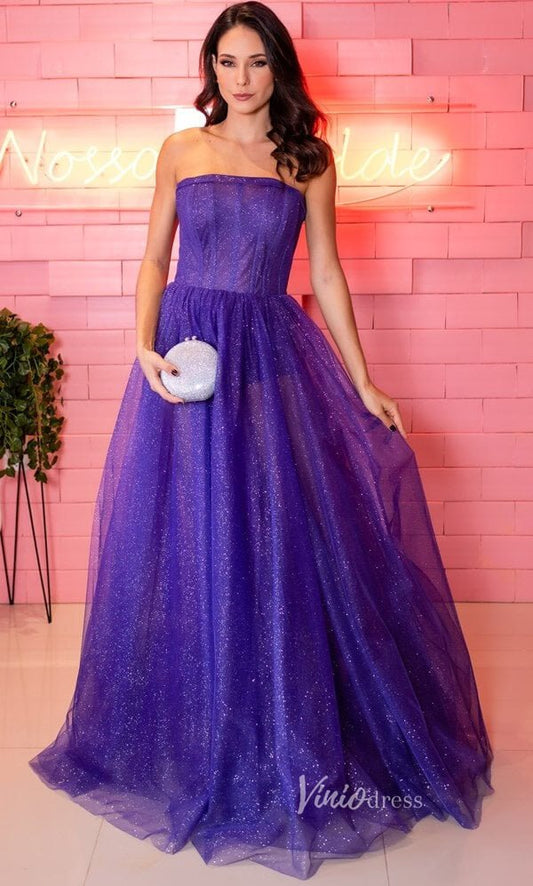 Purple Sparkly Tulle Prom Dresses with Bow-Tie Strapless Formal Dress FD3578-prom dresses 2025 -Viniodress-Purple-Custom Size-