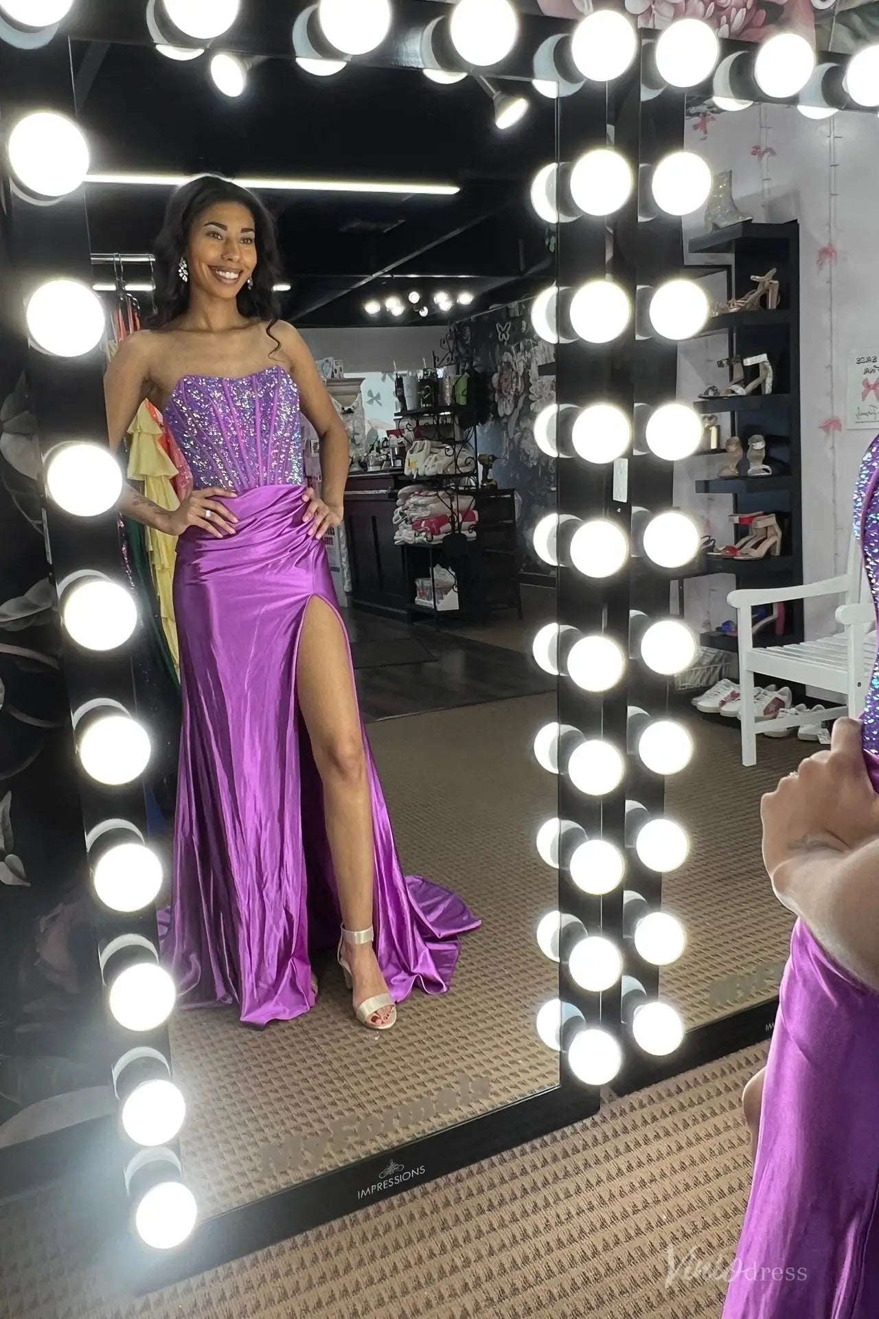 Purple Strapless Beaded Corset Mermaid Prom Dress with Ruched Satin Skirt & High Slit – SS292-prom dresses 2026-Viniodress-Purple-Custom Size-