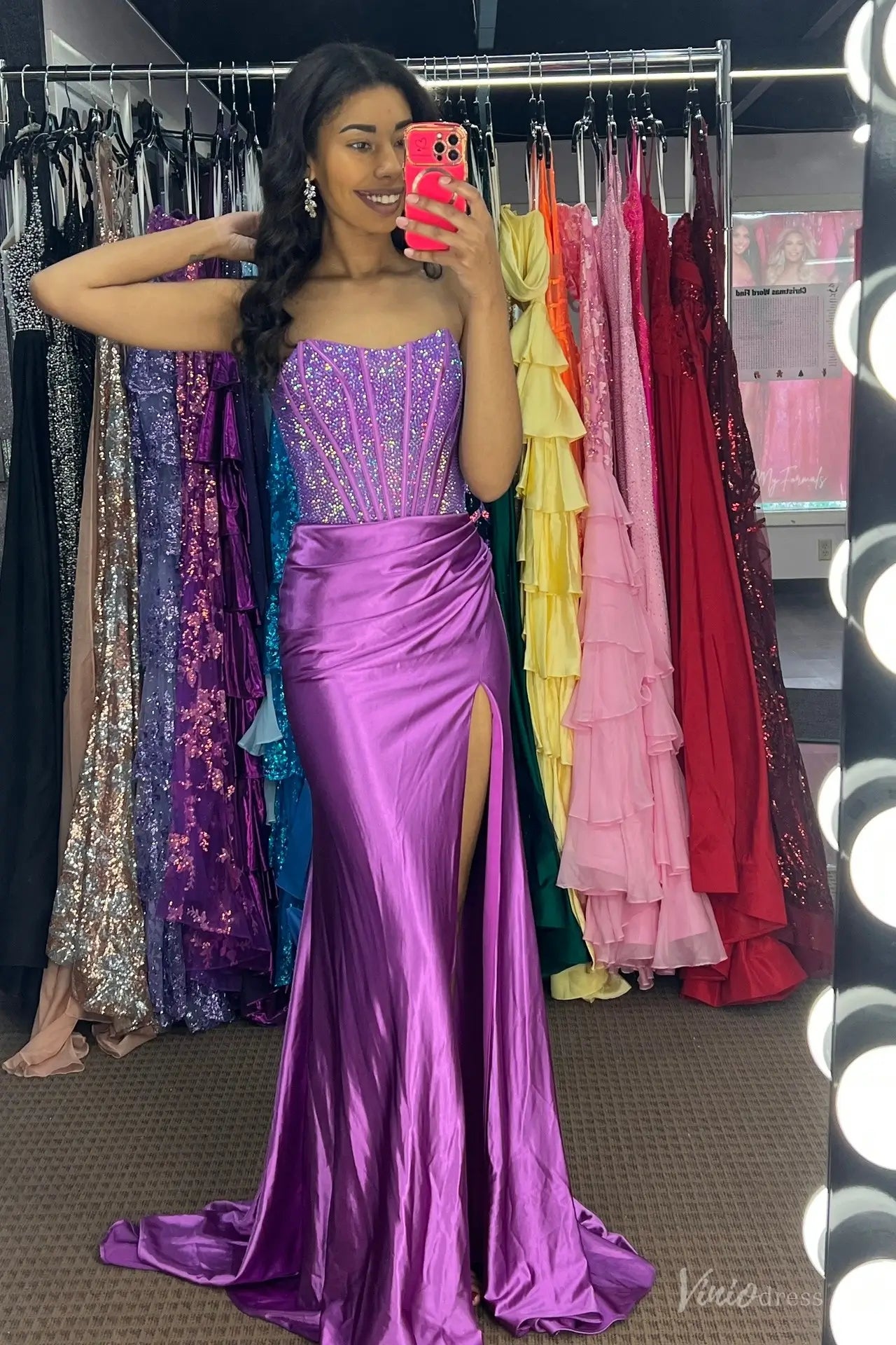 Purple Strapless Beaded Corset Mermaid Prom Dress with Ruched Satin Skirt & High Slit – SS292-prom dresses 2026-Viniodress-Purple-Custom Size-