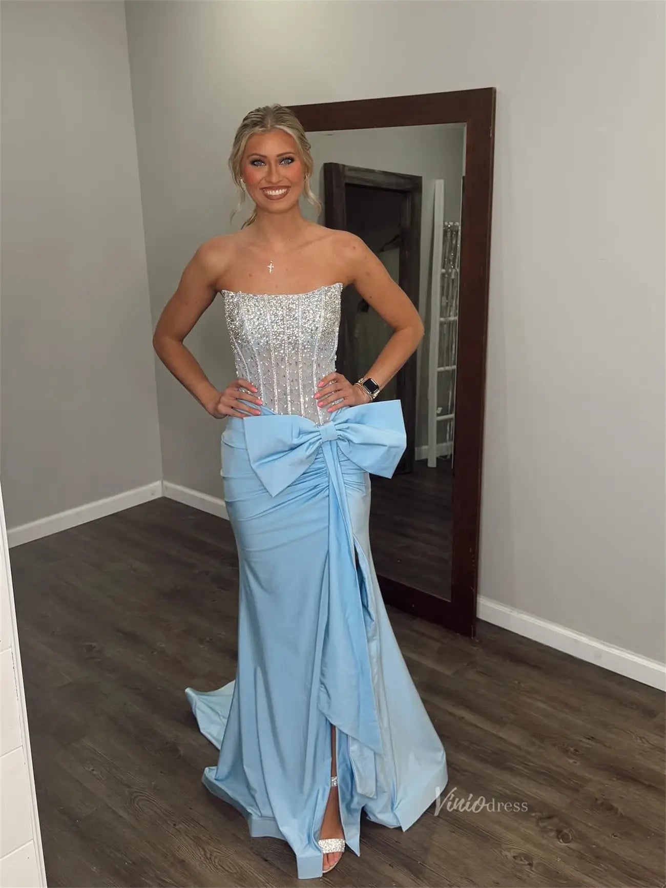 Purple Strapless Sheath Prom Dresses 2025 with Slit, Bow & Beaded Bodice – FD5067-prom dresses 2025 -Viniodress-Purple-Custom Size-