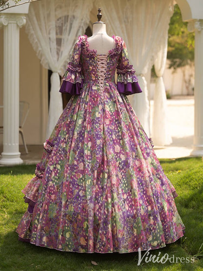 Purple Tiered Ruffled Vintage Quinceanera Dress Floral Print Princess Dress AD1306-Quinceanera Dresses 2025 -Viniodress-Purple-Custom Size-