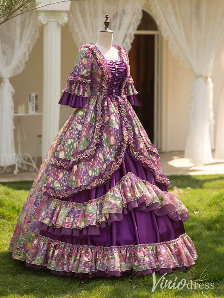 Purple Tiered Ruffled Vintage Quinceanera Dress Floral Print Princess Dress AD1306-Quinceanera Dresses-Viniodress-Viniodress