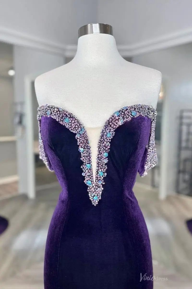 Purple Velvet Off-the-Shoulder Mermaid Pageant Gown with Crystal Beaded Neckline & Deep V – PG015-prom dresses 2026-Viniodress-Purple-Custom Size-