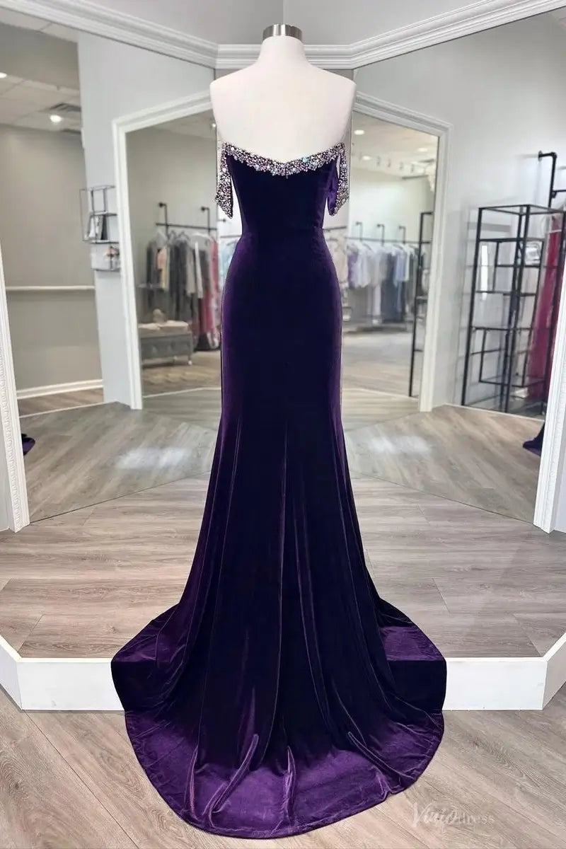 Purple Velvet Off-the-Shoulder Mermaid Pageant Gown with Crystal Beaded Neckline & Deep V – PG015-prom dresses 2026-Viniodress-Purple-Custom Size-