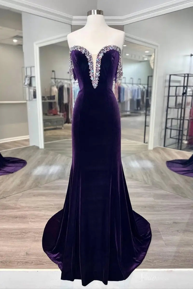 Purple Velvet Off-the-Shoulder Mermaid Pageant Gown with Crystal Beaded Neckline & Deep V – PG015
