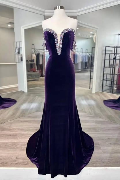 Purple Velvet Off-the-Shoulder Mermaid Pageant Gown with Crystal Beaded Neckline & Deep V – PG015