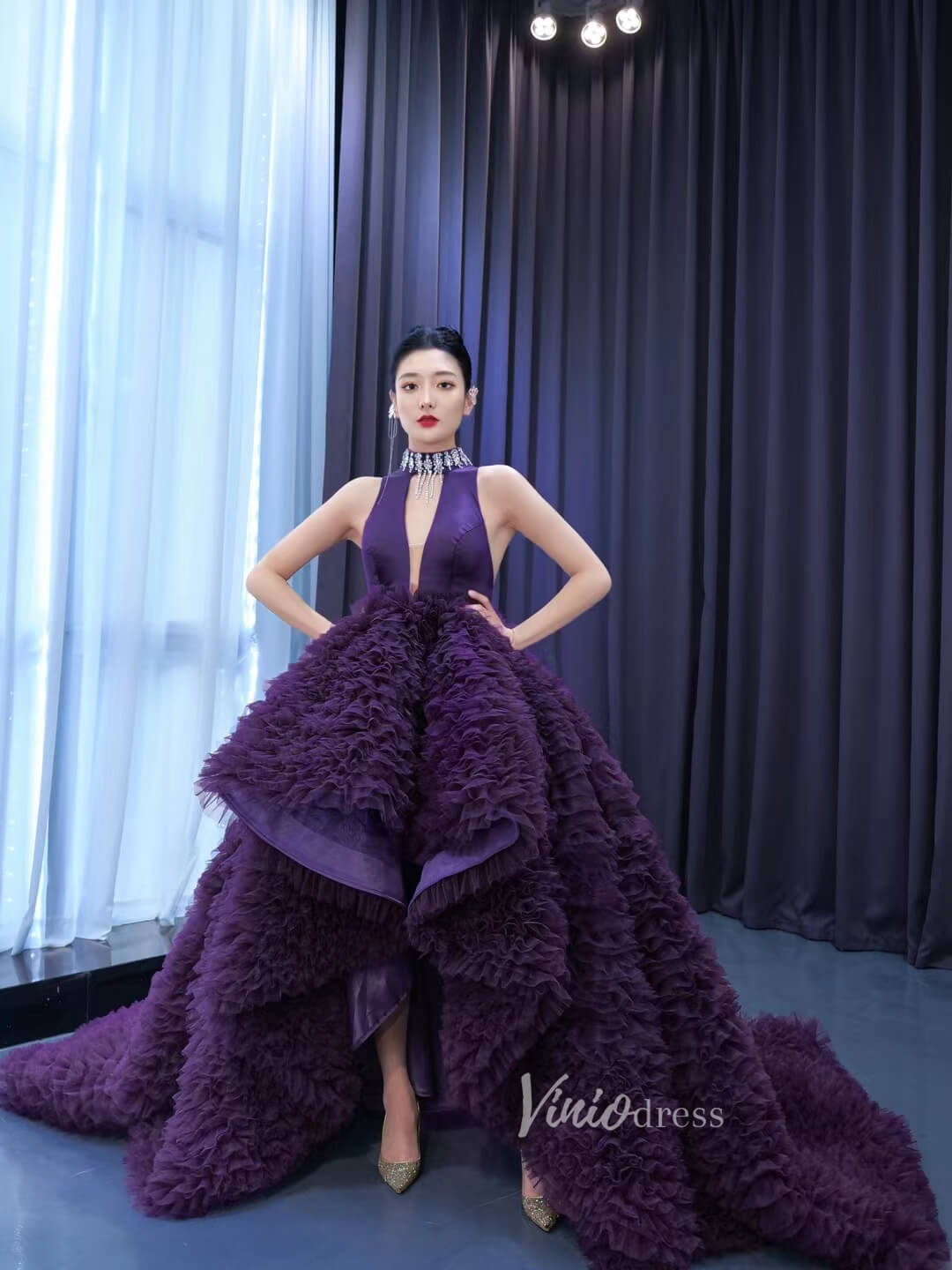 Purple Wedding Dress High Low Ruffled Pageant Gown 67507-wedding dresses 2025 -Viniodress-Purple-Custom Size-