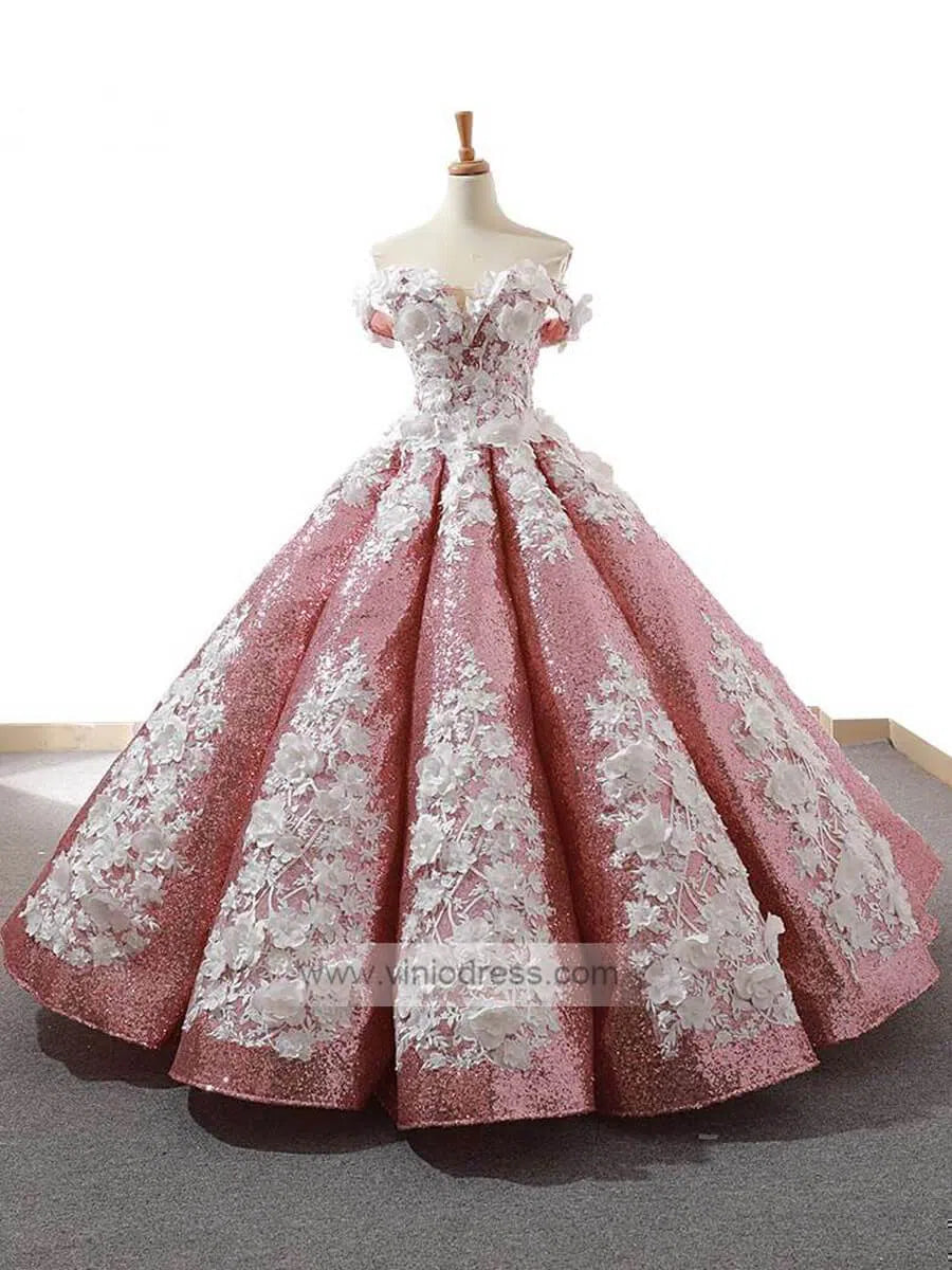 Quinceanera Dresses 2025 3D Floral Sequin Ball Gown Prom Dresses FD1109-plus size wedding dresses Viniodress-Pink-Custom Size-