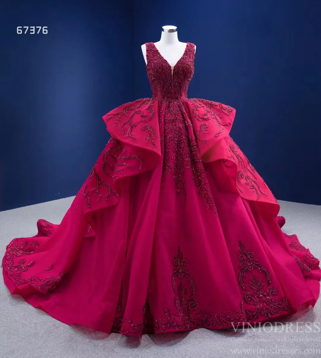 Quinceanera Dresses 2025 Beaded Burgundy Ball Gown Wedding Dress 67376 viniodress-plus size wedding dresses Viniodress-Burgundy-Custom Size-