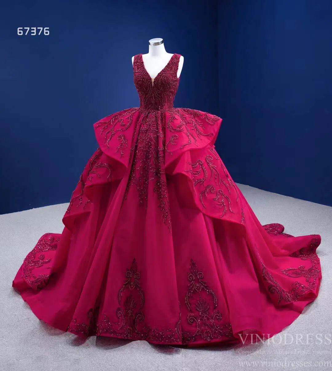 Quinceanera Dresses 2025 Beaded Burgundy Ball Gown Wedding Dress 67376 viniodress-plus size wedding dresses Viniodress-Burgundy-Custom Size-