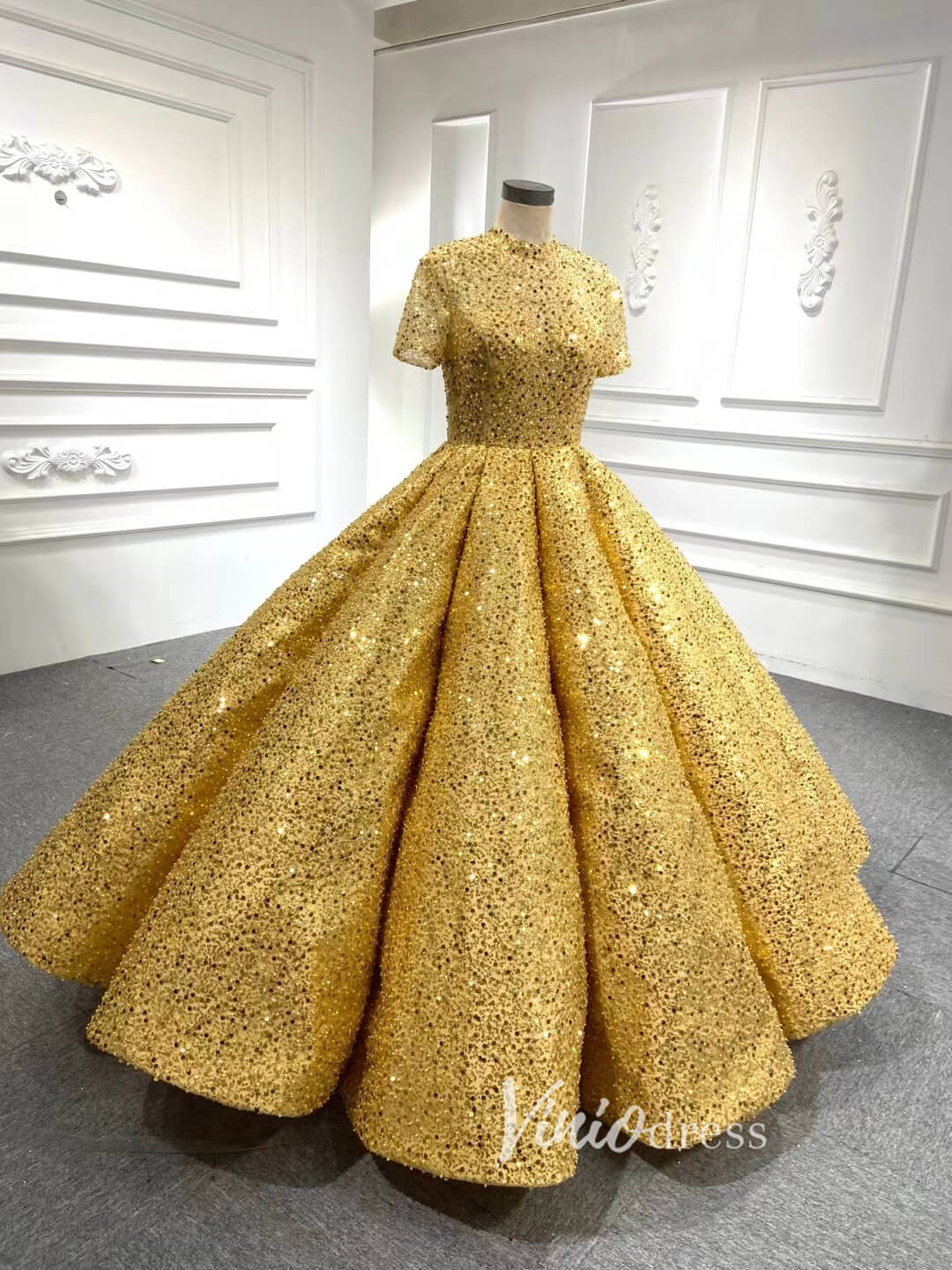 Beaded Gold Ball Gown Wedding Dresses 66567-Quinceanera Dresses-Viniodress-Viniodress