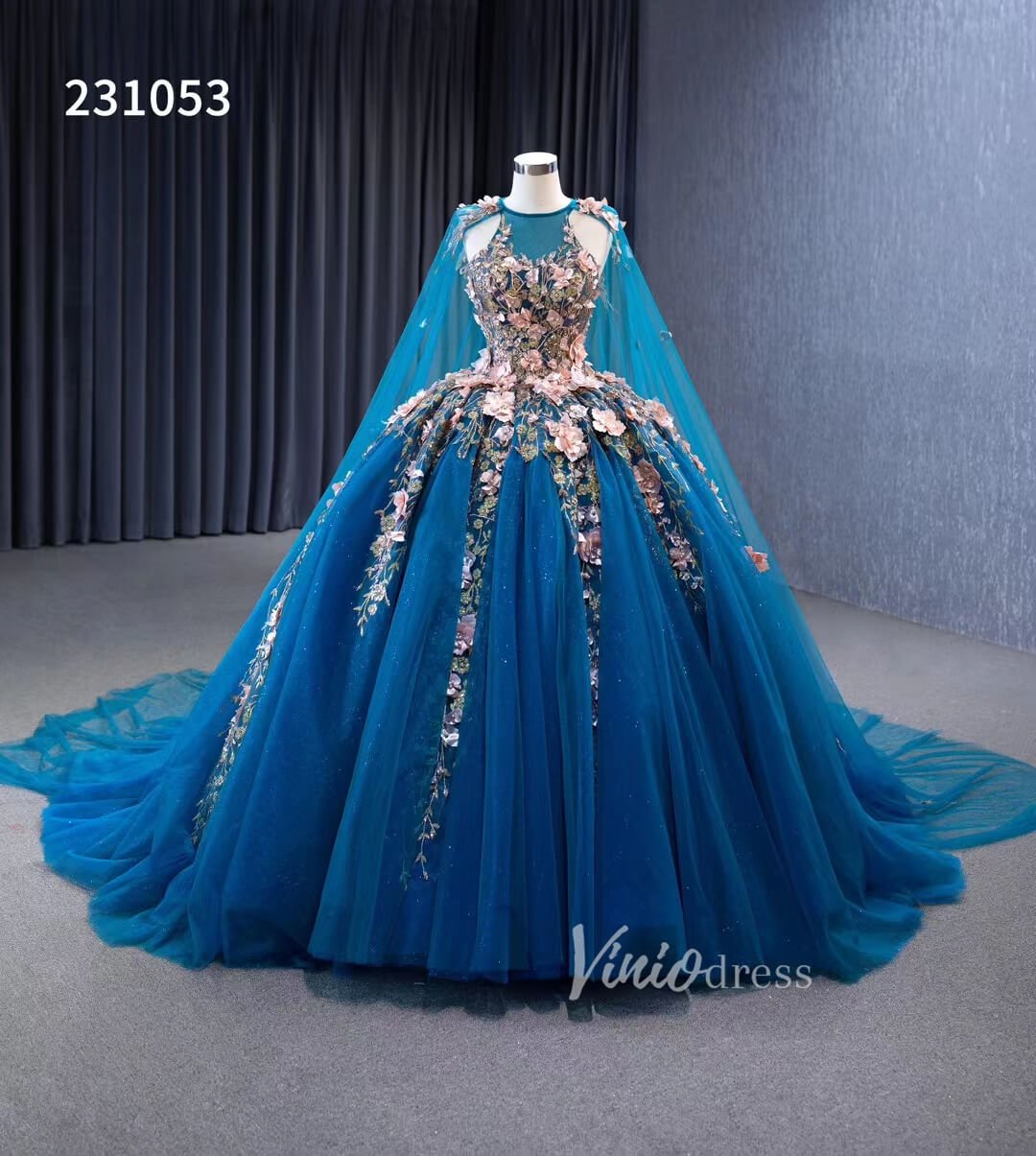 Blue Lace Applique Sweet 16 Ball Gowns Sparkly Tulle Wedding Dresses with Cape 231053 - ViniodressQuinceanera DressesBlueCustom Size - Formal Dresses - Ball Gowns