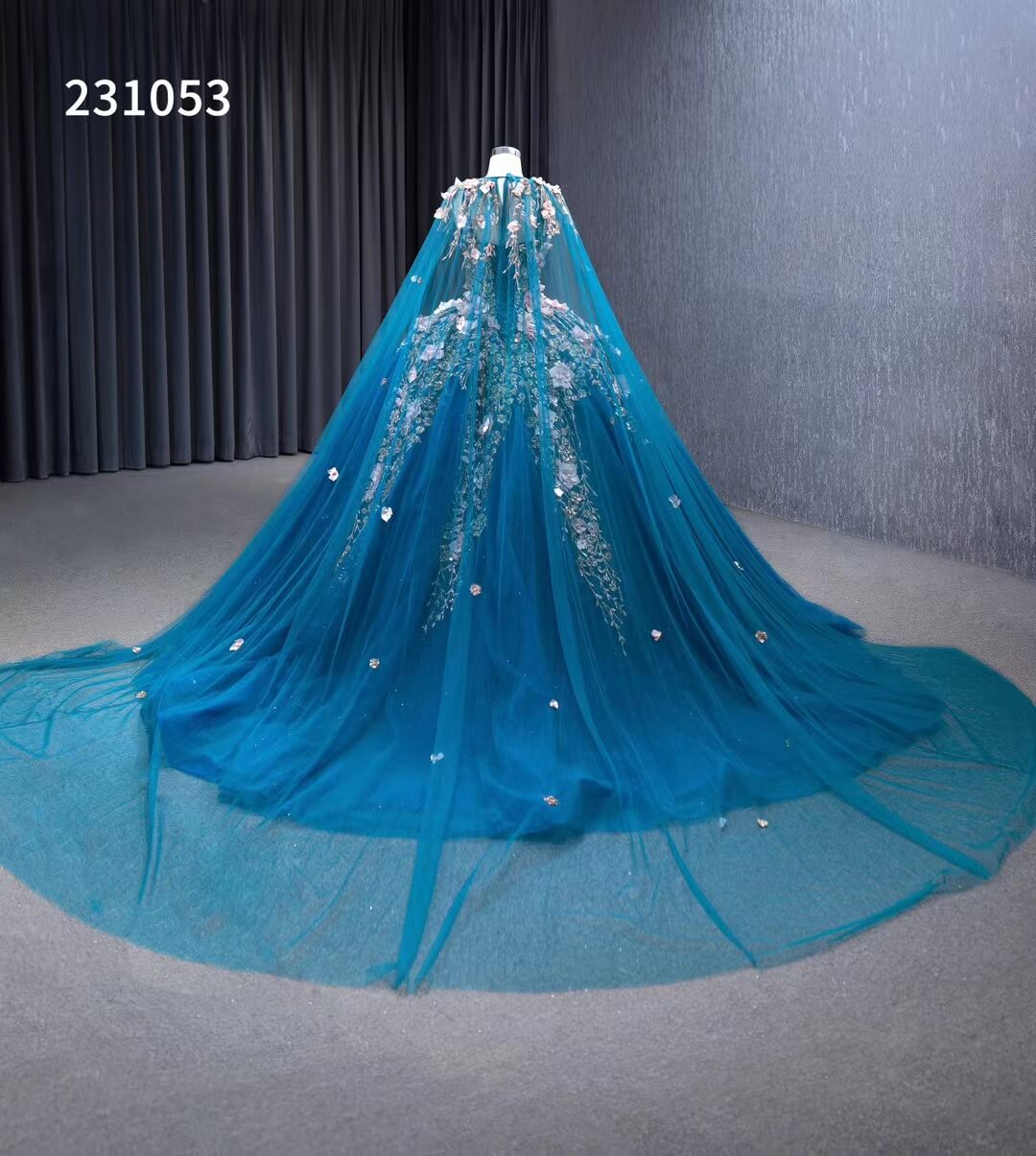 Blue Lace Applique Sweet 16 Ball Gowns Sparkly Tulle Wedding Dresses with Cape 231053-Quinceanera Dresses-Viniodress-Viniodress