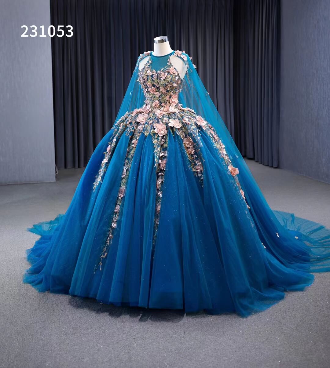 Blue Lace Applique Sweet 16 Ball Gowns Sparkly Tulle Wedding Dresses with Cape 231053 - ViniodressQuinceanera DressesBlueCustom Size - Formal Dresses - Ball Gowns