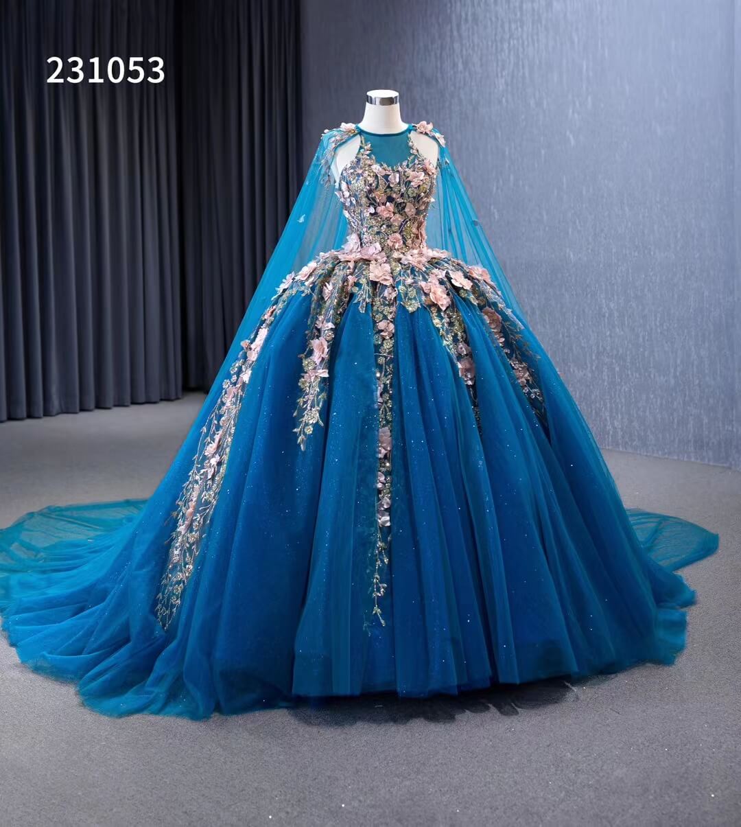 Blue Lace Applique Sweet 16 Ball Gowns Sparkly Tulle Wedding Dresses with Cape 231053-Quinceanera Dresses-Viniodress-Viniodress