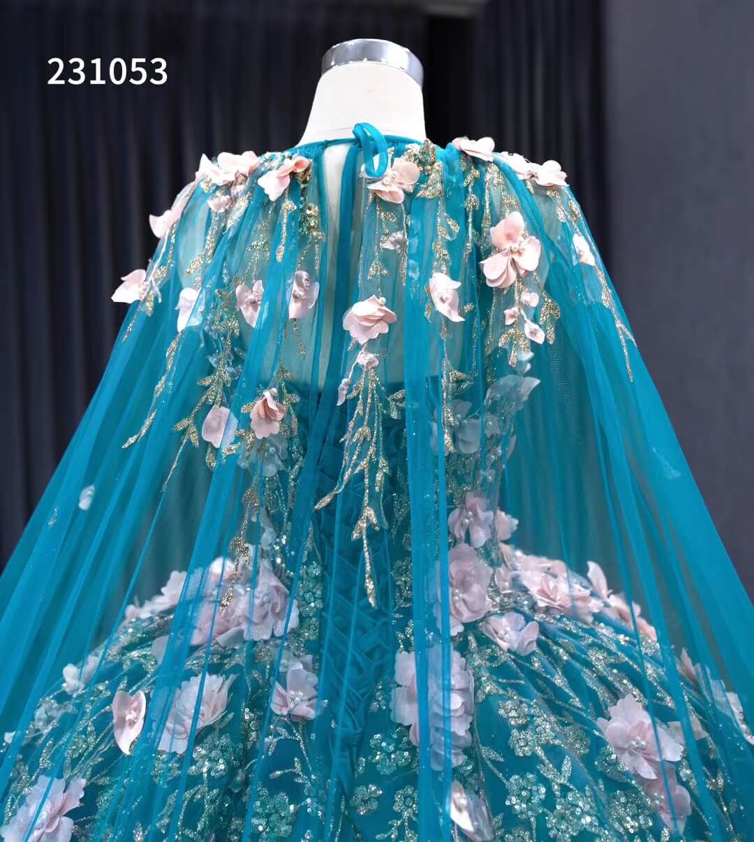 Blue Lace Applique Sweet 16 Ball Gowns Sparkly Tulle Wedding Dresses with Cape 231053-Quinceanera Dresses-Viniodress-Viniodress