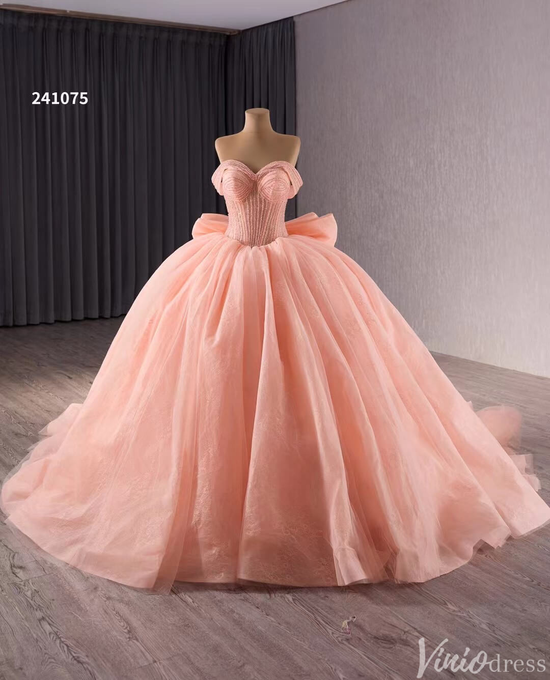 Blush Off the Shoulder Bow Wedding Gowns Lace Beaded Quinceanera Dress 241075 - ViniodressQuinceanera DressesPinkCustom Size - Formal Dresses - Ball Gowns