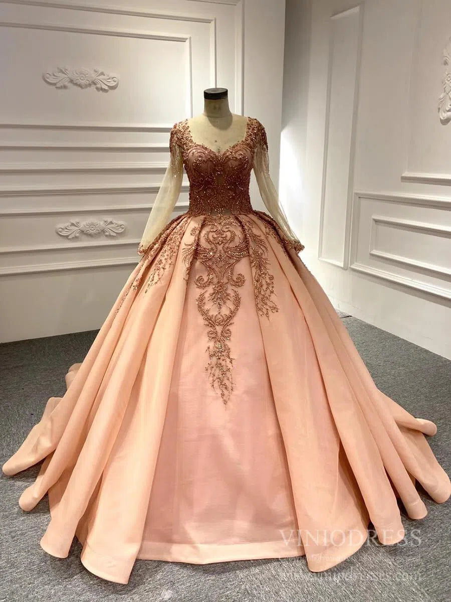 Quinceanera Dresses 2025 Burgundy Long Sleeve Princess Ball Gown Beaded Quinceanera Dresses viniodress-plus size wedding dresses Viniodress-Burgundy-Custom Size-