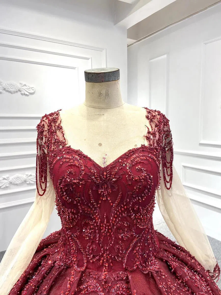 Quinceanera Dresses 2025 Burgundy Long Sleeve Princess Ball Gown Beaded Quinceanera Dresses viniodress-plus size wedding dresses Viniodress-Burgundy-Custom Size-